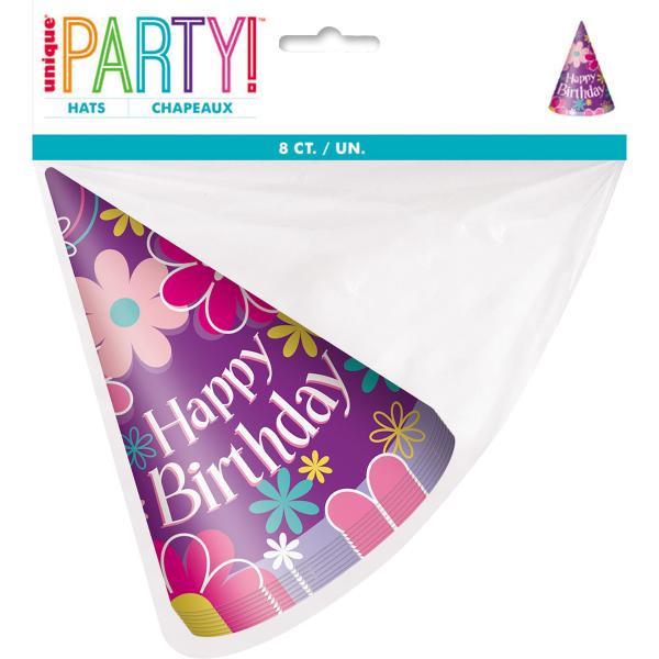 8 Pack Happy Birthday Blossom Party Hats
