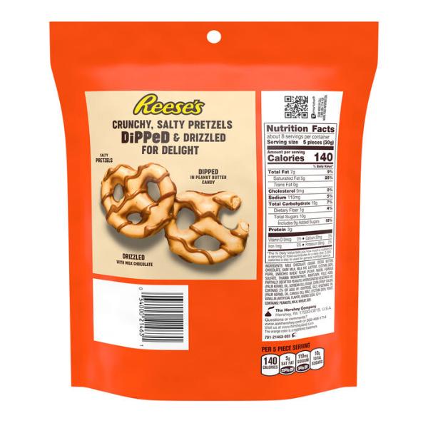 Reeses Milk Chocolate Peanut Butter Dipped Pretzels Candy Bag - 240g