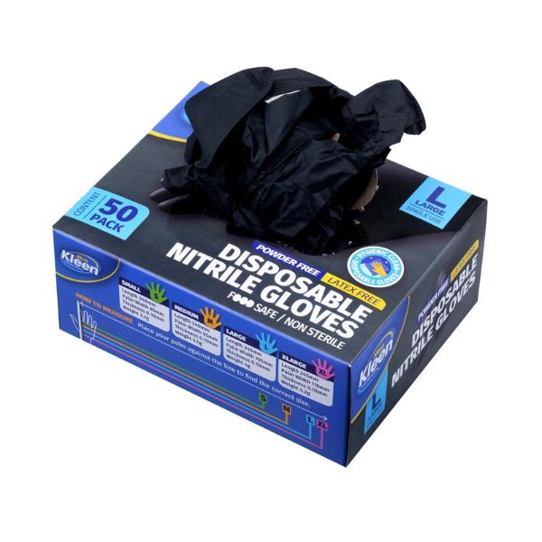 50 Pack Black Large Powder Free Disposable Gloves