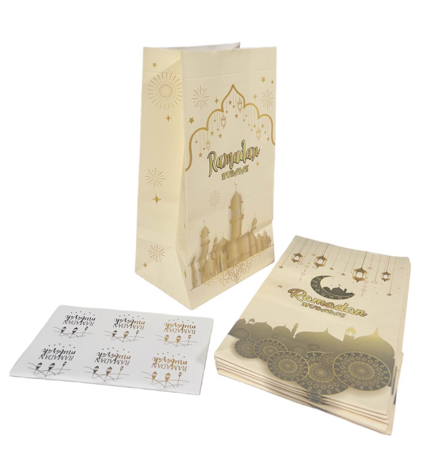 6 Pack White & Gold Ramadan Kraft Paper Bag With Stickers 22cm x 12cm x 8cm