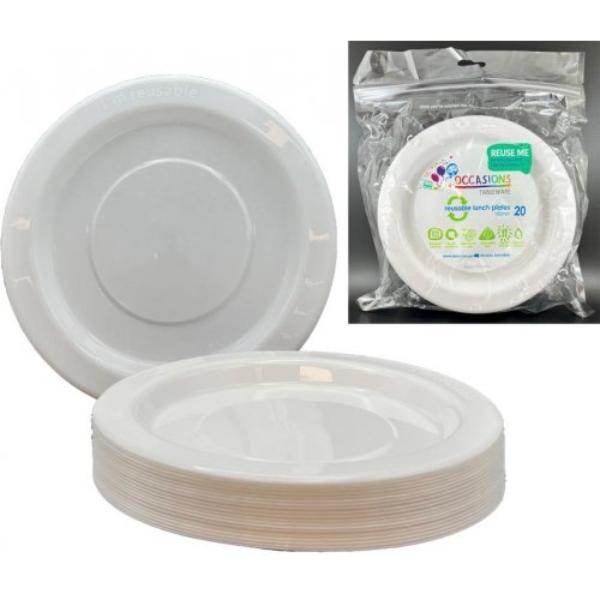 20 Pack White Reusable Lunch Plates - 18cm