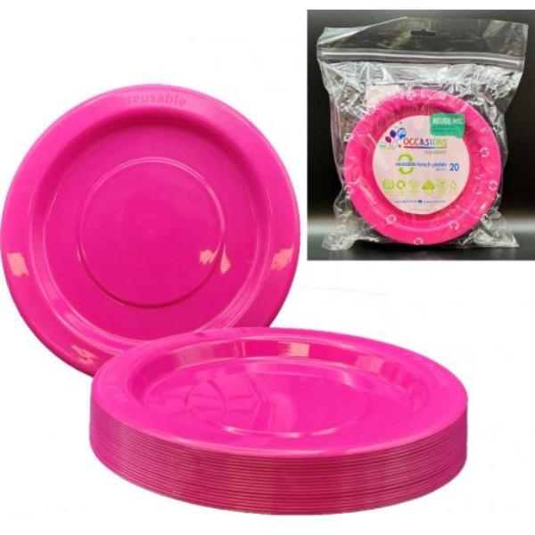 20 Pack Magenta Reusable Lunch Plates - 18cm