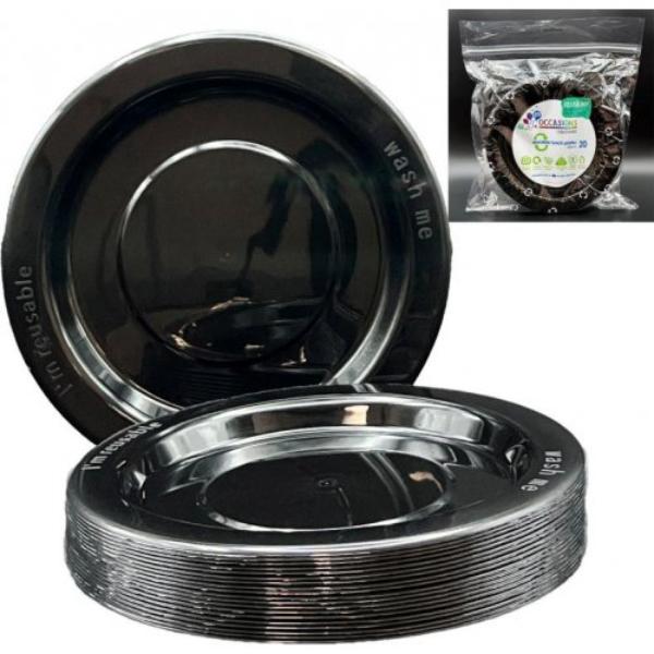 20 Pack Black Reusable Lunch Plates - 18cm