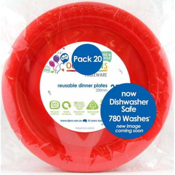 20 Pack Red Dinner Reusable Plates - 23cm