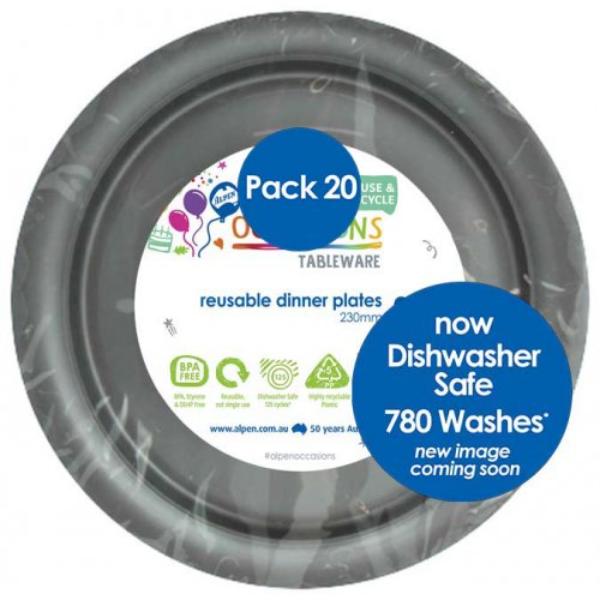 20 Pack Silver Reusable Dinner Plates - 23cm