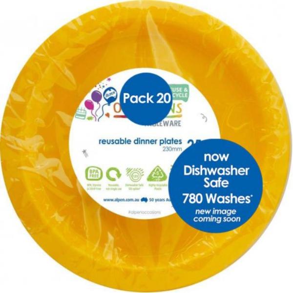20 Pack Yellow Reusable Dinner Plates - 23cm
