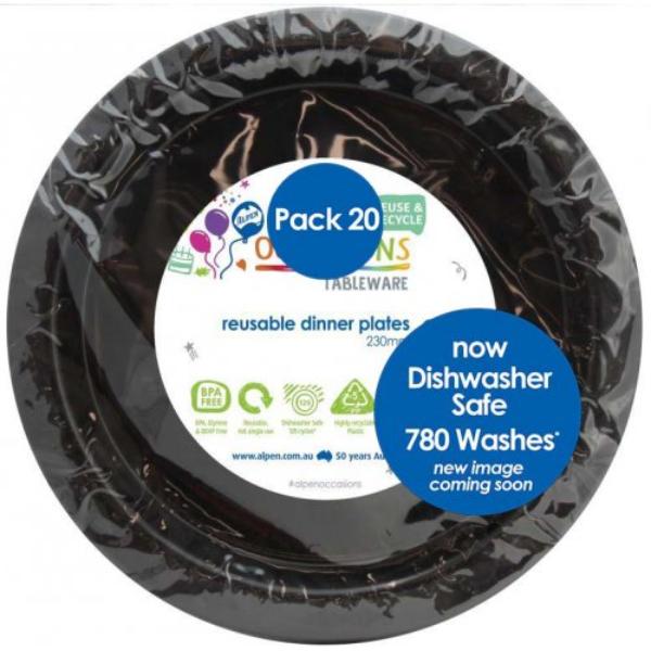 20 Pack Black Reusable Dinner Plates - 23cm