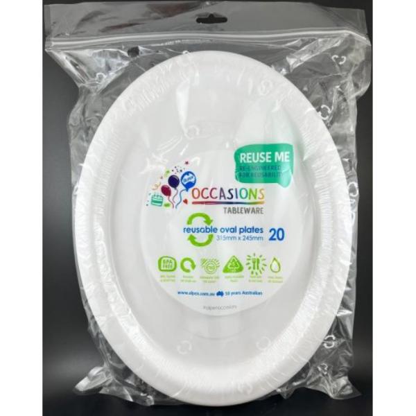 20 Pack White Reusable Oval Plates - 31.5cm x 24.5cm