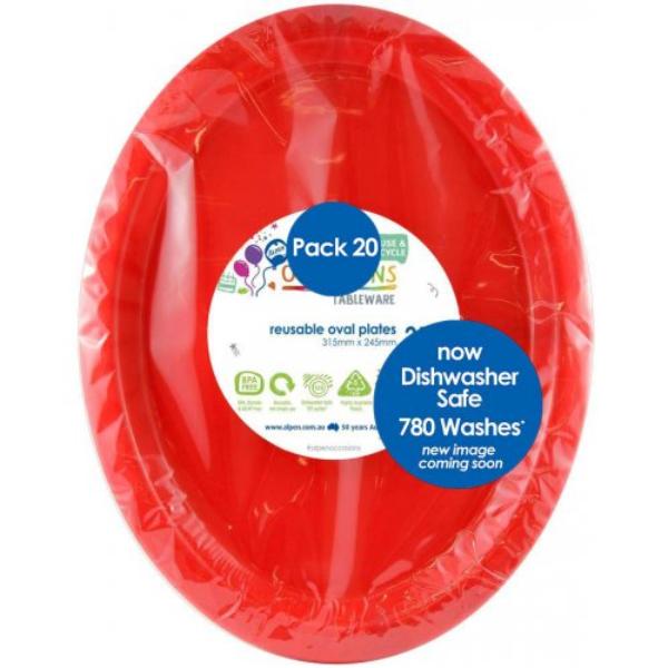 20 Pack Red Reusable Oval Plates - 31.5cm x 24.5cm