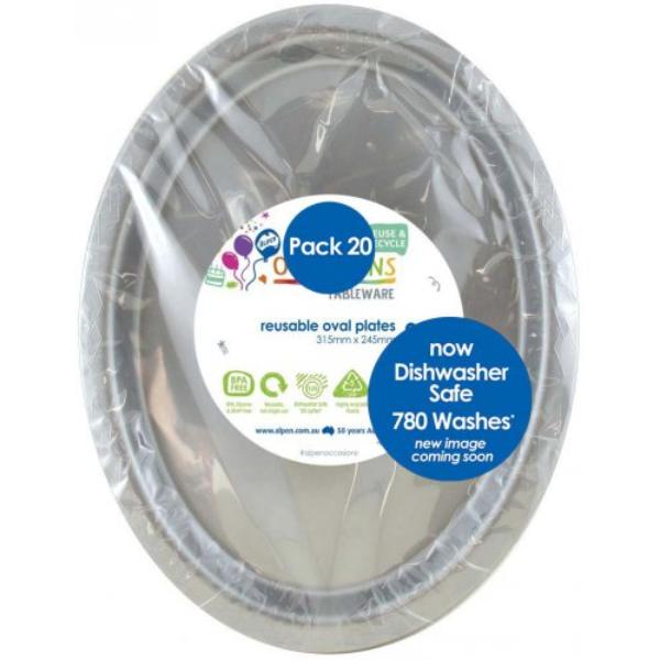 20 Pack Silver Reusable Oval Plates - 31.5cm x 24.5cm