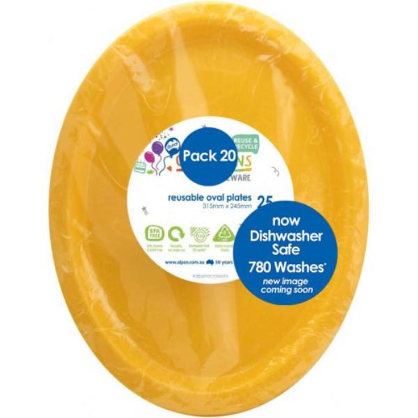 20 Pack Yellow Reusable Oval Plates - 31.5cm x 24.5cm