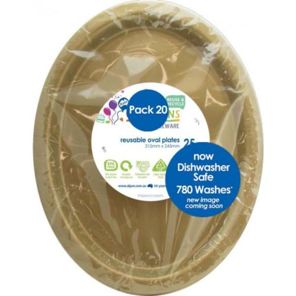 20 Pack Gold Reusable Oval Plates - 31.5cm x 24.5cm