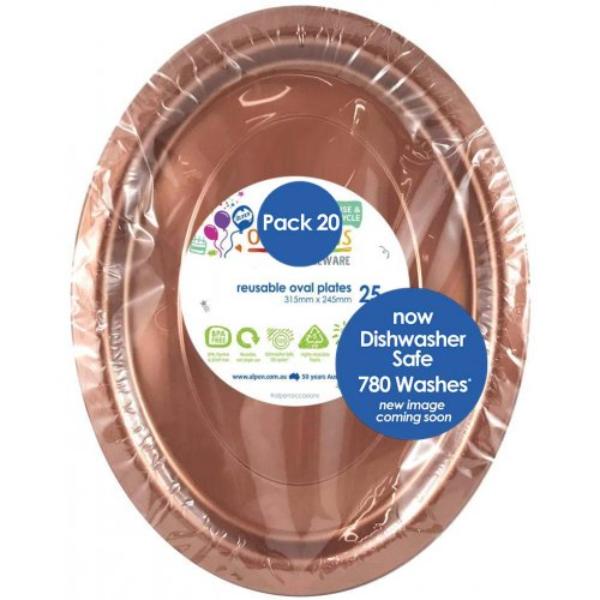 20 Pack Rose Gold Reusable Oval Plates - 31.5cm x 24.5cm