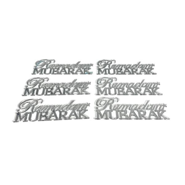 6 Pack Silver Acrylic Ramadan Mubarak Cupcake Topper - 7.8cm