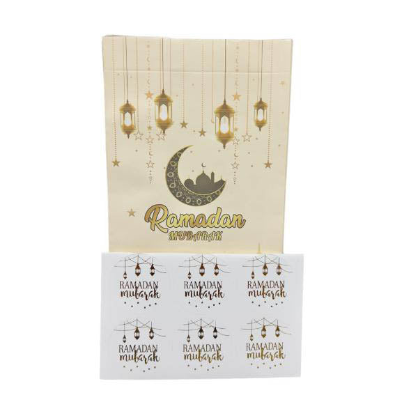 6 Pack White & Gold Ramadan Kraft Paper Bag With Stickers 22cm x 12cm x 8cm
