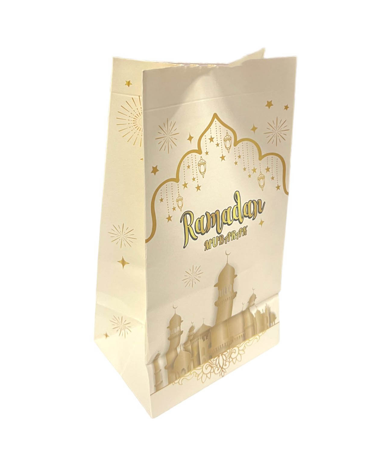6 Pack White & Gold Ramadan Kraft Paper Bag With Stickers 22cm x 12cm x 8cm