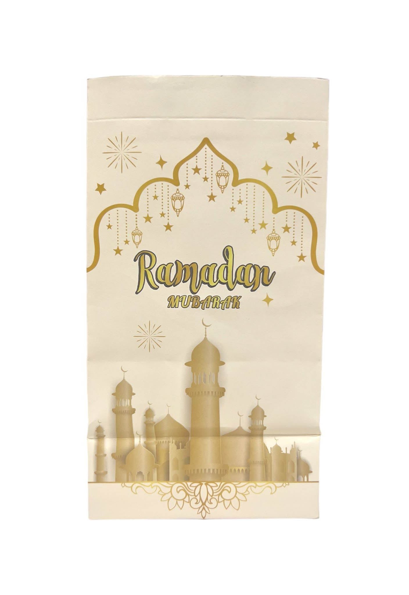 6 Pack White & Gold Ramadan Kraft Paper Bag With Stickers 22cm x 12cm x 8cm