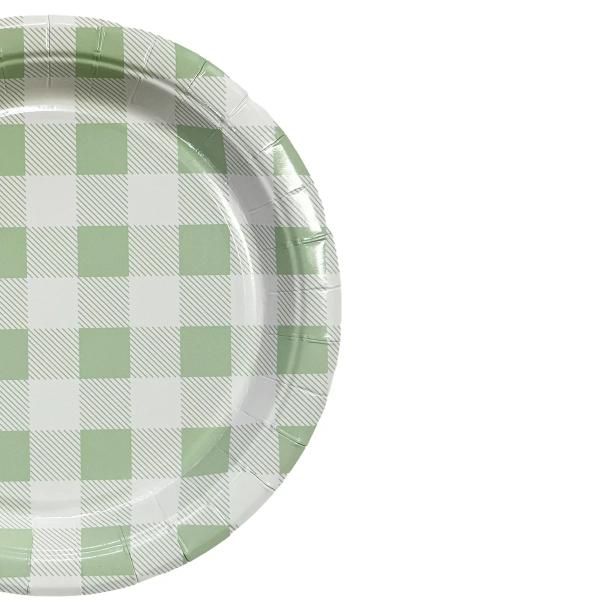 20 Pack Round Green Gingham Paper Plate - 17cm