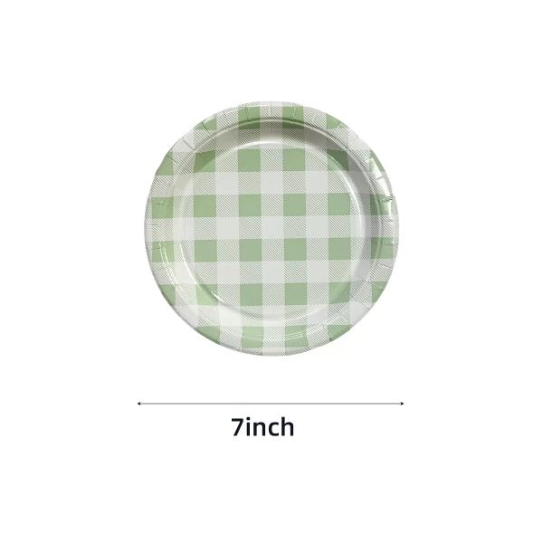 20 Pack Round Green Gingham Paper Plate - 17cm