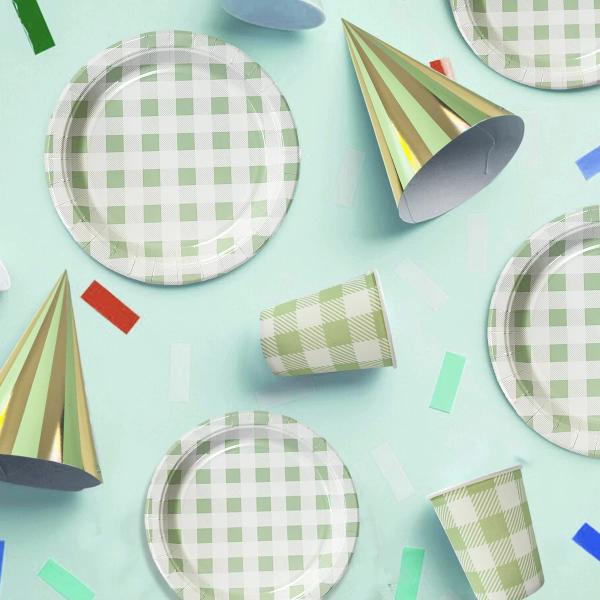 20 Pack Round Green Gingham Paper Plate - 17cm