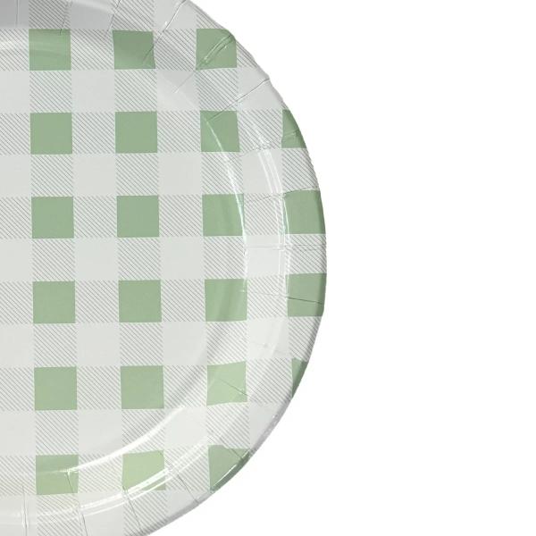 20 Pack Round Green Gingham Paper Plate - 22cm