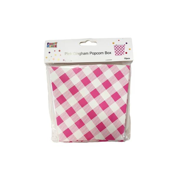 10 Pack Pink Gingham Popcorn Box - 10cm x 6cm x 15cm