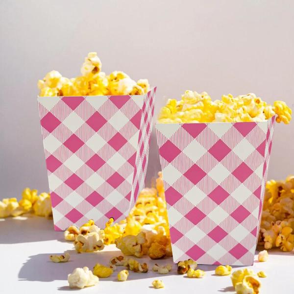 10 Pack Pink Gingham Popcorn Box - 10cm x 6cm x 15cm