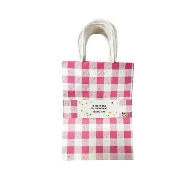 10 Pack Pink Gingham Paper Bag - 15cm x 8cm x 21cm