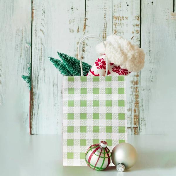 10 Pack Green Gingham Paper Bag - 15cm x 8cm x 12cm