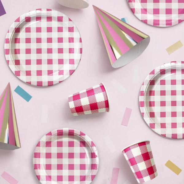6 Pack Pink Gingham Paper Hat - 16cm x 10cm