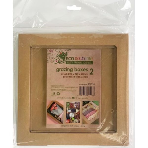 2 Pack Small Eco Kraft Grazing Box With Lid - 22.5cm x 22.5cm x 6cm