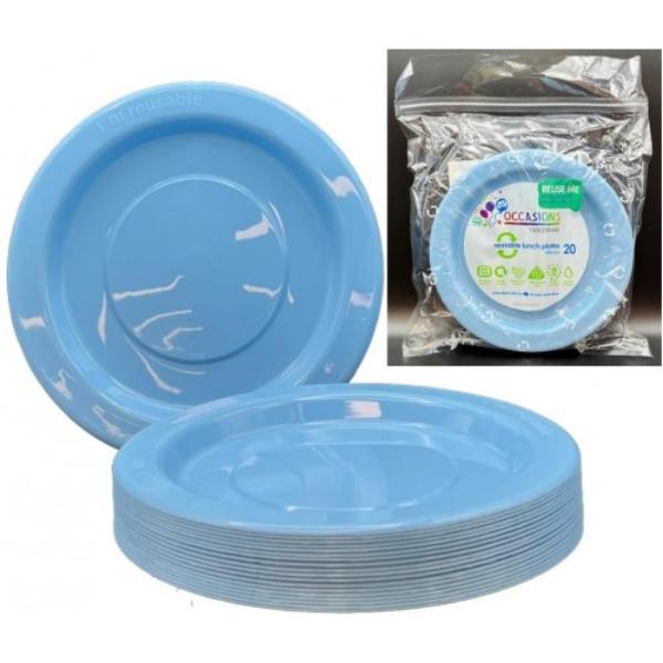 20 Pack Light Blue Reusable Lunch Plates - 18cm