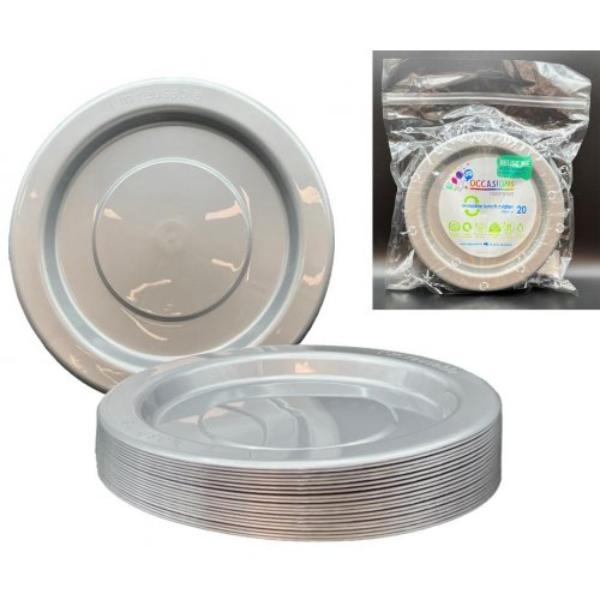 20 Pack Silver Reusable Lunch Plates - 18cm