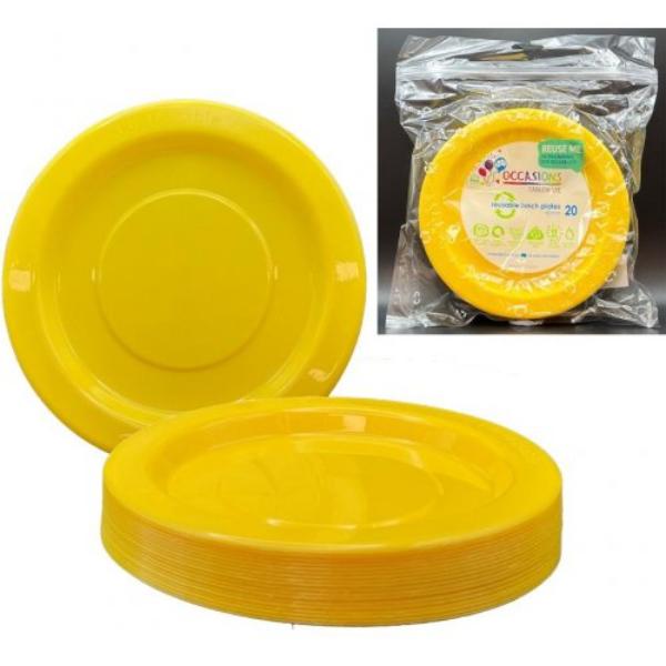 20 Pack Yellow Reusable Lunch Plates - 18cm