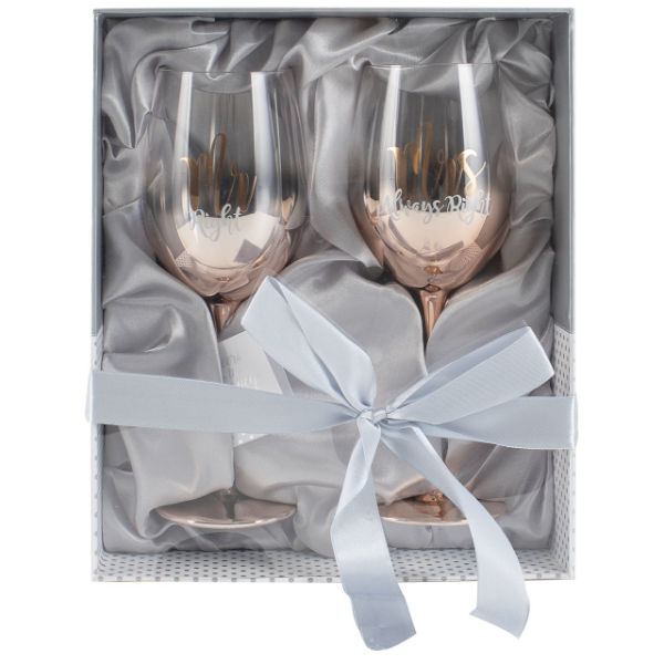 2 Pack Rose Gold Mr Right & Mrs Always Right Ombre Wine Glasses - 430ml