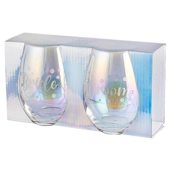 2 Pack Bride & Groom Stemless Holographic Glass Set - 560ml