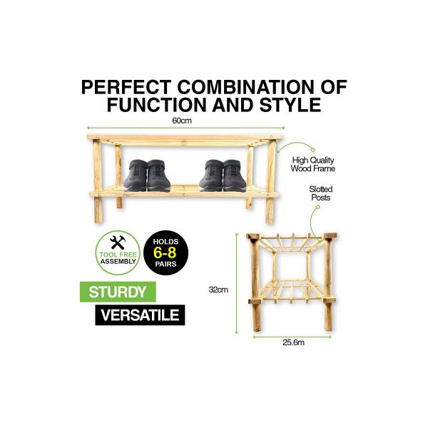 2 Tier Wooden Shoe Rack - 60cm x 25.6cm x 32cm