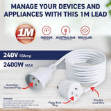 Load image into Gallery viewer, White 240V 10A Max Load Piggy Back Extension Lead - 1m
