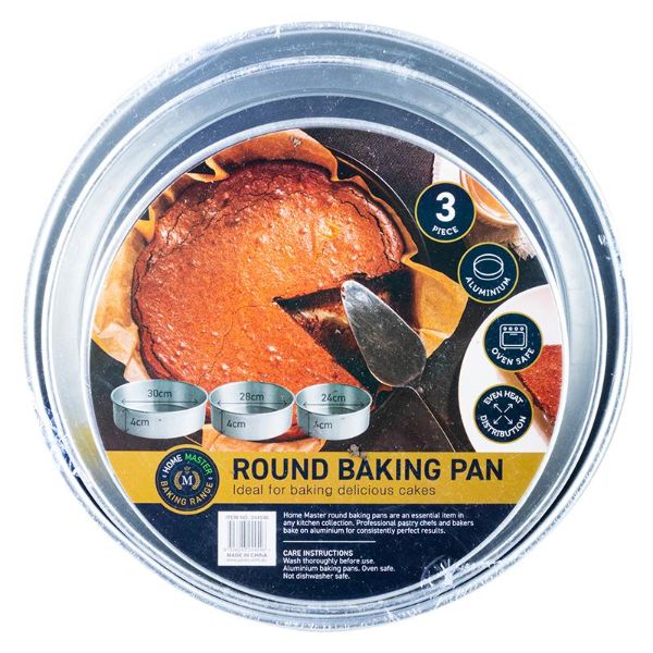3 Pack Round Aluminium Cake Baking Pan Trays - 24cm x 28cm x 30cm
