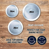 Load image into Gallery viewer, 3 Pack Round Aluminium Cake Baking Pan Trays - 24cm x 28cm x 30cm