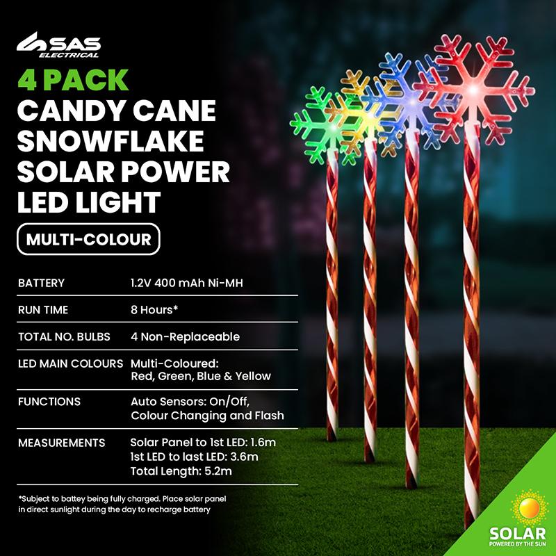 4 Pack LED Snowflake Candy Cane Solar Light Stake - 12cm x 10cm x 60cm