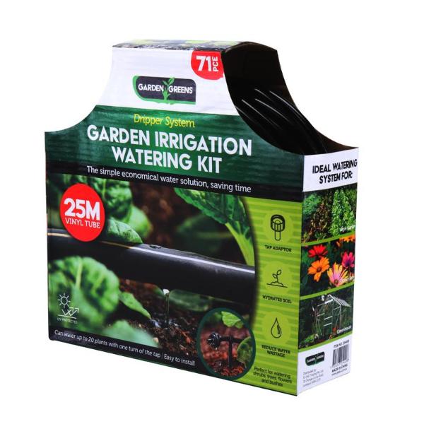 Micro Irrigation System Kit 70pc Black Includes: 23m Vinyl Pipe, Tap Adaptor, Drippers, Flow Valve, Connectors, Support Clips, Stakes & Clamps