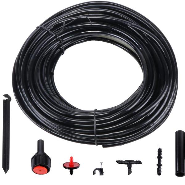 Micro Irrigation System Kit 70pc Black Includes: 23m Vinyl Pipe, Tap Adaptor, Drippers, Flow Valve, Connectors, Support Clips, Stakes & Clamps