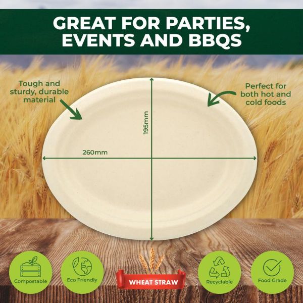 30 Pack Oval Eco Friendly Wheat Straw Dinner Plate - 26cm
