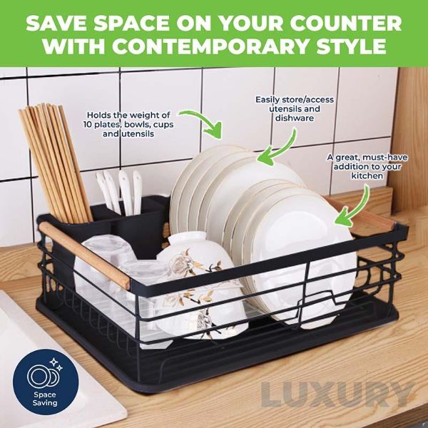Black Modern Dish Drying Rack With Cutlery Holder & Drip Tray 42cm x 30cm x 13cm