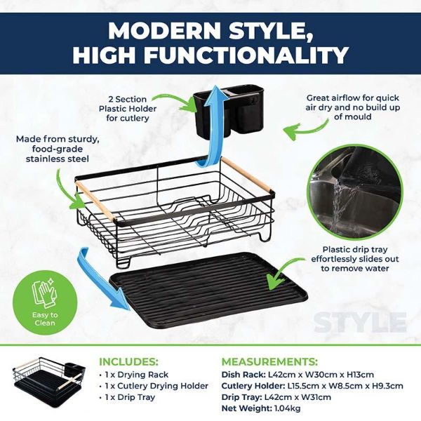 Black Modern Dish Drying Rack With Cutlery Holder & Drip Tray 42cm x 30cm x 13cm
