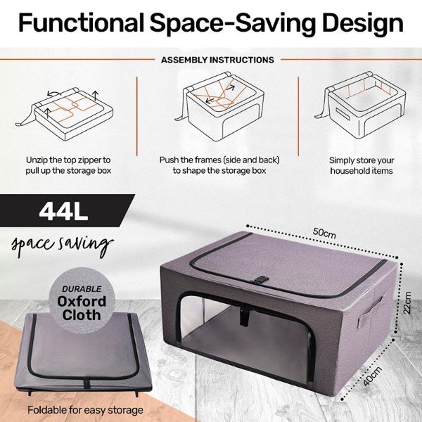 Grey Fabric Foldable 44L Storage Box With Clear Window - 50cm x 40cm x 22cm