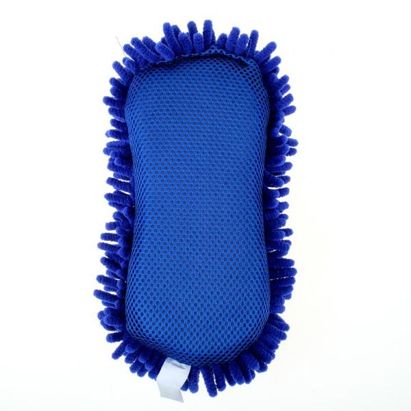 Blue Microfibre Chenille Shaggy Sponge With Mesh Scrubber - 22cm x 10cm x 3.5cm