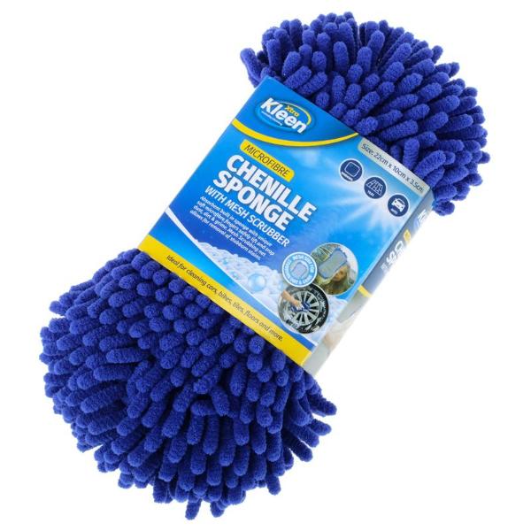 Blue Microfibre Chenille Shaggy Sponge With Mesh Scrubber - 22cm x 10cm x 3.5cm