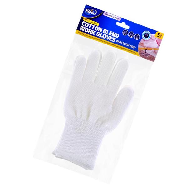 5 Pack White Cleaning Cotton Blend With Dotted Grip Gloves - Medium - Large